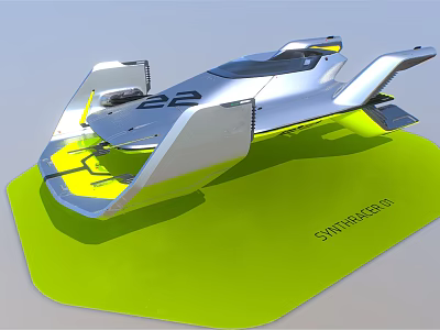 Futuristic Aerodynamic Silver Vehicle Model Display With Yellow Accents And Green Base 3d model