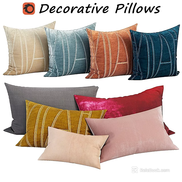 Colorful Velvet Decorative Throw Pillows With Linear Patterns In Assorted Hues 3d model 