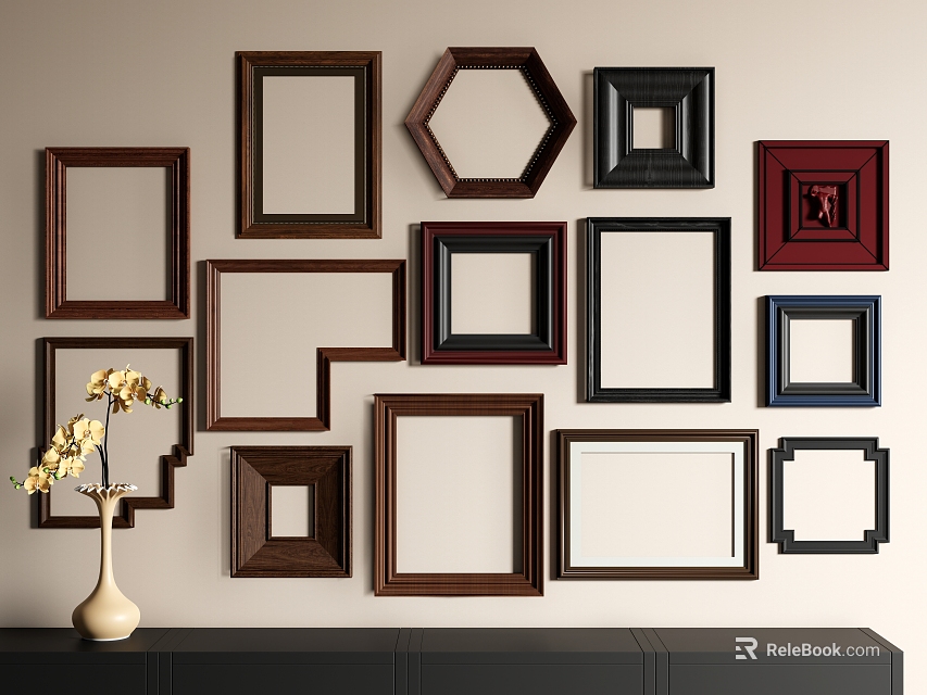 Various Shapes And Colors Photo Frames Wall Display With Vase And Flowers On Cabinet 3d model 