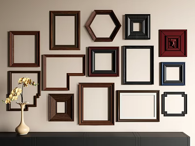 Various Shapes And Colors Photo Frames Wall Display With Vase And Flowers On Cabinet 3d model