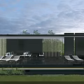 Modern Outdoor Pergola Design with Loungers Water Feature and Lush Greenery