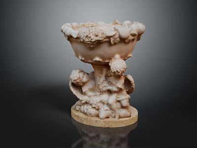Garden Ornament With Bowl Shaped Top Carved Fruits Flowers And Cherub Statues On Stone Base 3d model