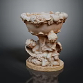 Garden Ornament With Bowl Shaped Top Carved Fruits Flowers And Cherub Statues On Stone Base
