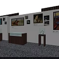 Display Shelves In Modern Exhibition Featuring Artwork Illuminated Cases Wooden Structure And Purple Carpeted Floor