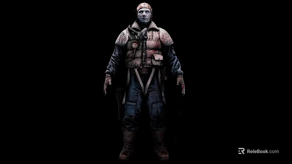 Male Game Movie Character In Worn Tactical Outfit With Bloodstains On Dark Background 3d model 