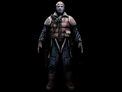 Male Game Movie Character In Worn Tactical Outfit With Bloodstains On Dark Background 3d model