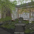 Traditional Chinese Garden Landscape With Green Tiled Roof Wooden Structures Rock Formations And Stone Lantern