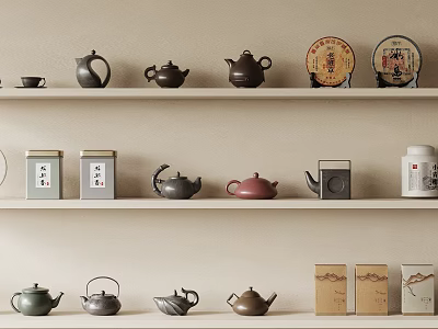 Ceramic Wares Display on Shelves with Teapots Teacups Tea Canisters and Decorative Boxes 3d model