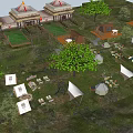 Scenic Camping Site with Tents Picnic Tables Chairs Trees and Sunset Hills