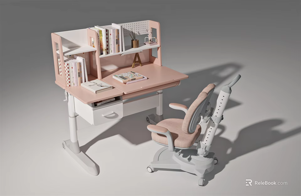 Pink Study Desk With Built in Shelf Books Stationery And Matching Chair 3d model 