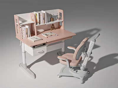 Pink Study Desk With Built in Shelf Books Stationery And Matching Chair 3d model