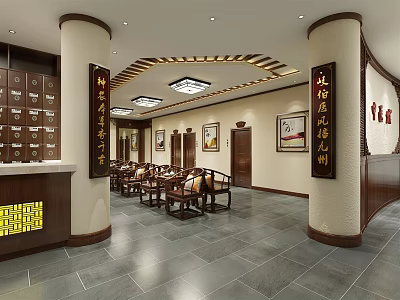 Traditional Chinese Medicine Clinic With Herbal Cabinets Calligraphy Scrolls And Wooden Furniture 3d model