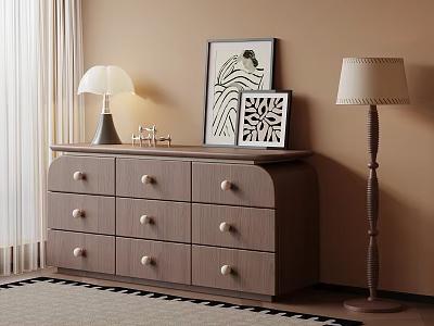 Entryway Console Cabinet with Round Knobs Drawers Table Lamps Decorative Artwork and Small Decor 3d model
