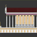 Classical Temple Model With Red Roof White Columns And Golden Decorations Standing Statue Detail