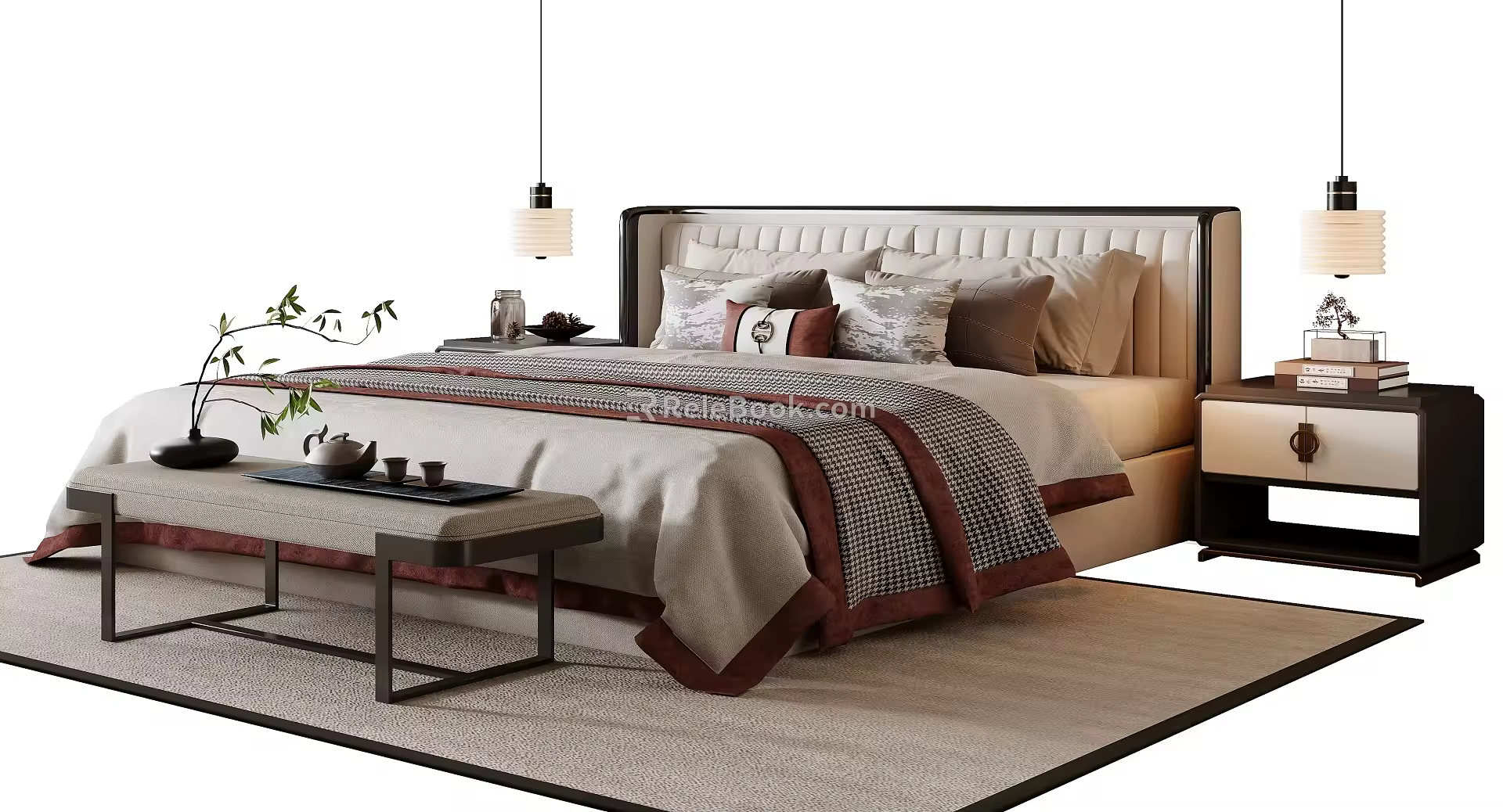 New Chinese Double Bed Fabric Double Bedside Table Bed End Stool Table Lamp Ornaments Pillow 3d model