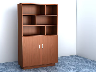 Brown Wooden Bookcase With Open Shelves And Cabinet Doors Simple Home Interior Design 3d model