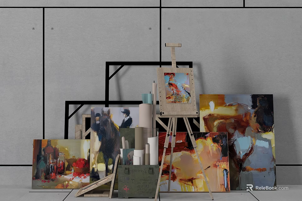 Creative Art Studio Space With Easel Multiple Paintings And Paint Supplies 3d model 