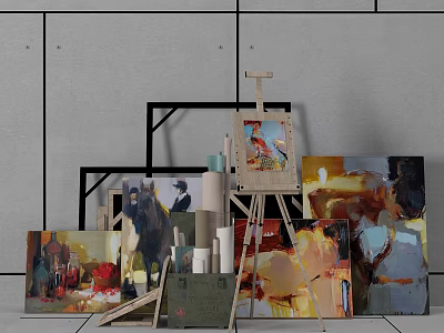 Creative Art Studio Space With Easel Multiple Paintings And Paint Supplies 3d model