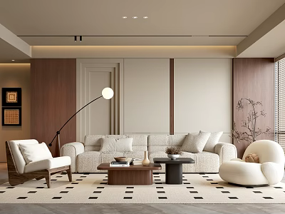 Elegant Modern Living Room Interior Design With Beige Sofa Coffee Table Floor Lamp And Geometric Rug 3d model