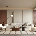 Elegant Modern Living Room Interior Design With Beige Sofa Coffee Table Floor Lamp And Geometric Rug