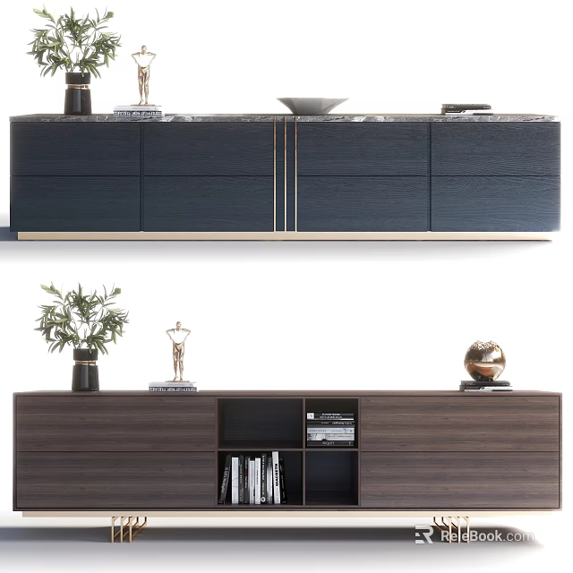 Contemporary Dark TV Stand With Gold Accents And Wooden Open Storage Shelves 3d model 