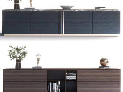 Contemporary Dark TV Stand With Gold Accents And Wooden Open Storage Shelves 3d model