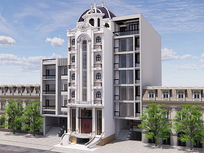 Elegant Detached Villa Featuring White Exterior Dome Red Door And Arched Windows 3d model