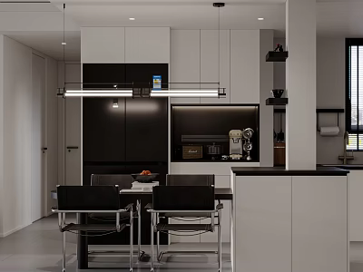 Modern Restaurant Interior Design With Open Layout Dining Table Chairs And Hanging Lights 3d model
