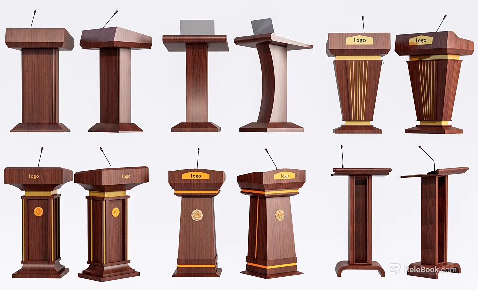 Various Functional Wooden Podiums With Different Designs Microphones And Decorative Elements 3d model