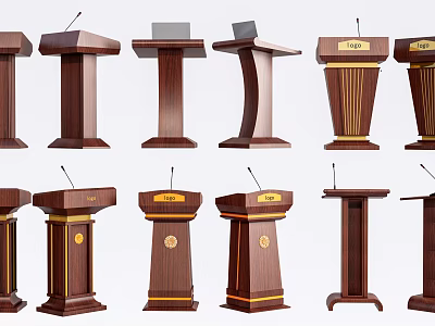 Various Functional Wooden Podiums With Different Designs Microphones And Decorative Elements 3d model