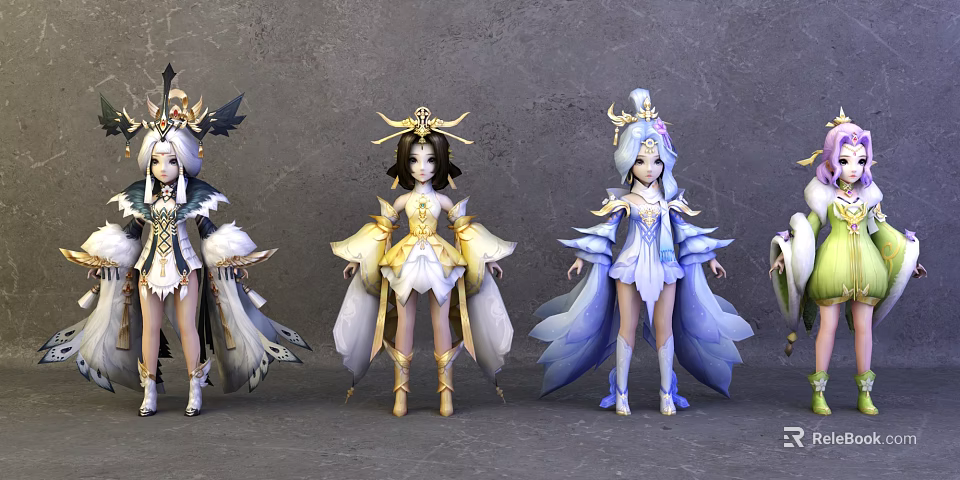Game And Movie Characters With Gorgeous Costumes Various Colors Exquisite Headpieces And Elegant Flowing Designs 3d model 