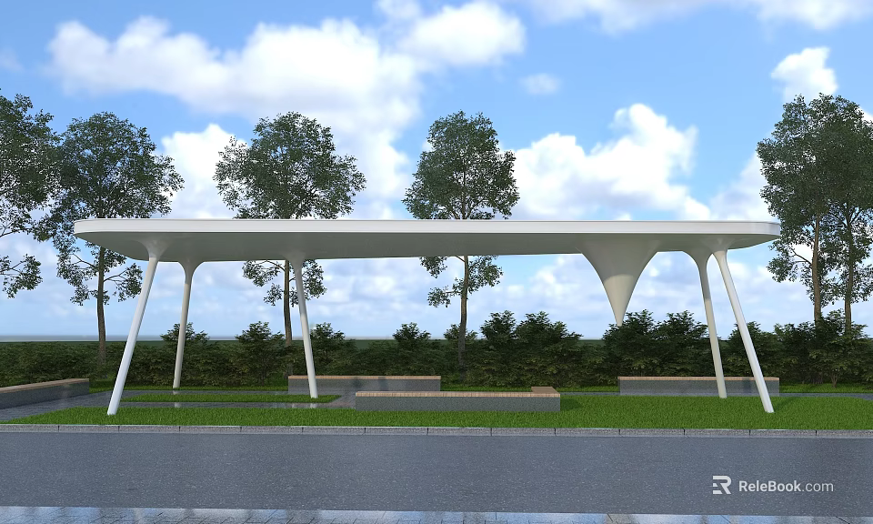 Outdoor Rest Area With White Canopy Bench Trees And Green Grass Under Blue Sky 3d model 