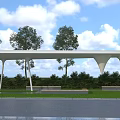 Outdoor Rest Area With White Canopy Bench Trees And Green Grass Under Blue Sky
