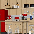 Cozy Kitchen With Red Refrigerator Coffee Maker Mixer Silver Kettle And Microwave On Bar Counter