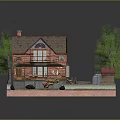Detached Villa with Red Brick Walls Brown Roof Chimney Vintage Car on Lawn and Trees