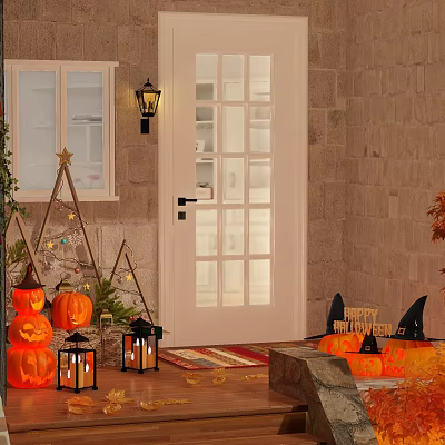 White Glass Pane French Door On Front Porch With Halloween Pumpkin Lanterns And Brick Wall 3d model
