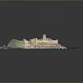 Cartoon Island Scene With Castle Stone Walls Green Grass Rocky Shore And Blue Water