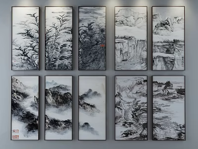 Chinese Ink Landscape Paintings As Wall Art With Mountain And Bamboo Themes 3d model