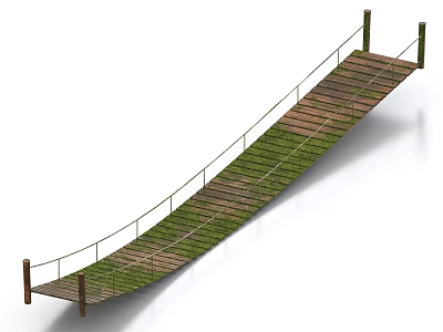 Wooden Footbridge With Green Moss Covered Deck And Rope Railings Supported By Posts 3d model