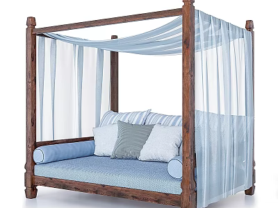 Cozy Four Poster Sofa Bench With Wooden Frame Blue Cushion And Sheer Curtains 3d model