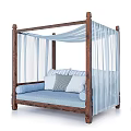 Cozy Four Poster Sofa Bench With Wooden Frame Blue Cushion And Sheer Curtains