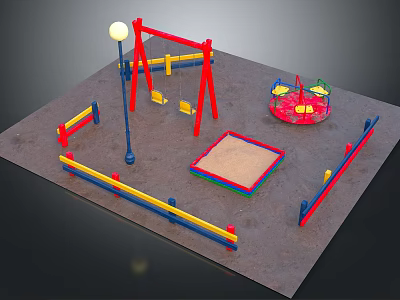 Colorful Playground Equipment with Swings Merry Go Round Sandpit and Lamp Post 3d model