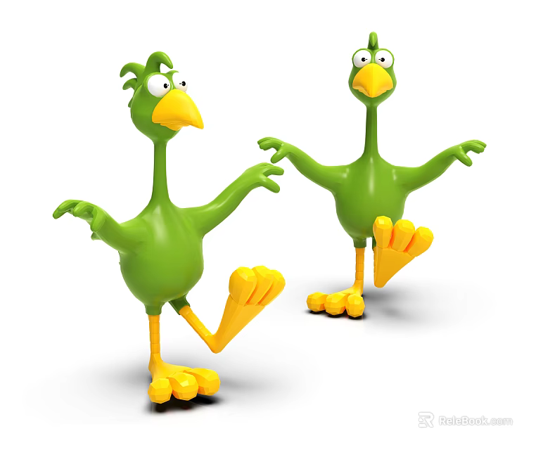 Green Cartoon Bird Dolls With Yellow Beaks Feet Outstretched Arms And Lifted Legs 3d model 