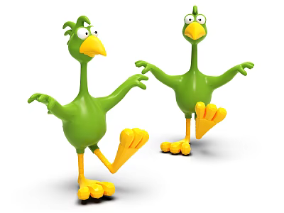 Green Cartoon Bird Dolls With Yellow Beaks Feet Outstretched Arms And Lifted Legs 3d model