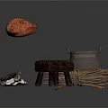 Rustic Cooking Scene With Roasted Chicken Clay Pot Wooden Stool Firewood And Charcoal