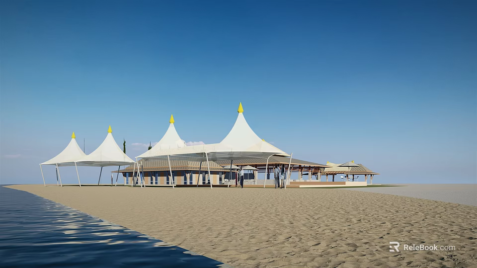 Waterfront Landscape With White Tents Yellow Spires And Sandy Beach Under Blue Sky 3d model 