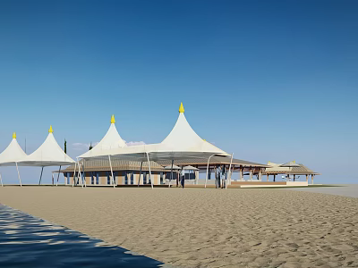 Waterfront Landscape With White Tents Yellow Spires And Sandy Beach Under Blue Sky 3d model