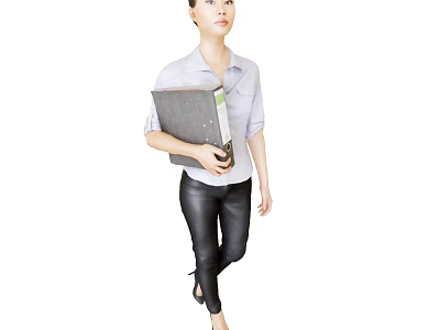 Confident woman walking in casual shirt and black leather pants holding folder 3d model