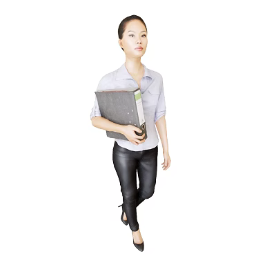 Confident woman walking in casual shirt and black leather pants holding folder 3d model