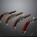 Four Old Fashioned Pistols With Red Wooden Grips And Metal Components On Black Reflective Surface